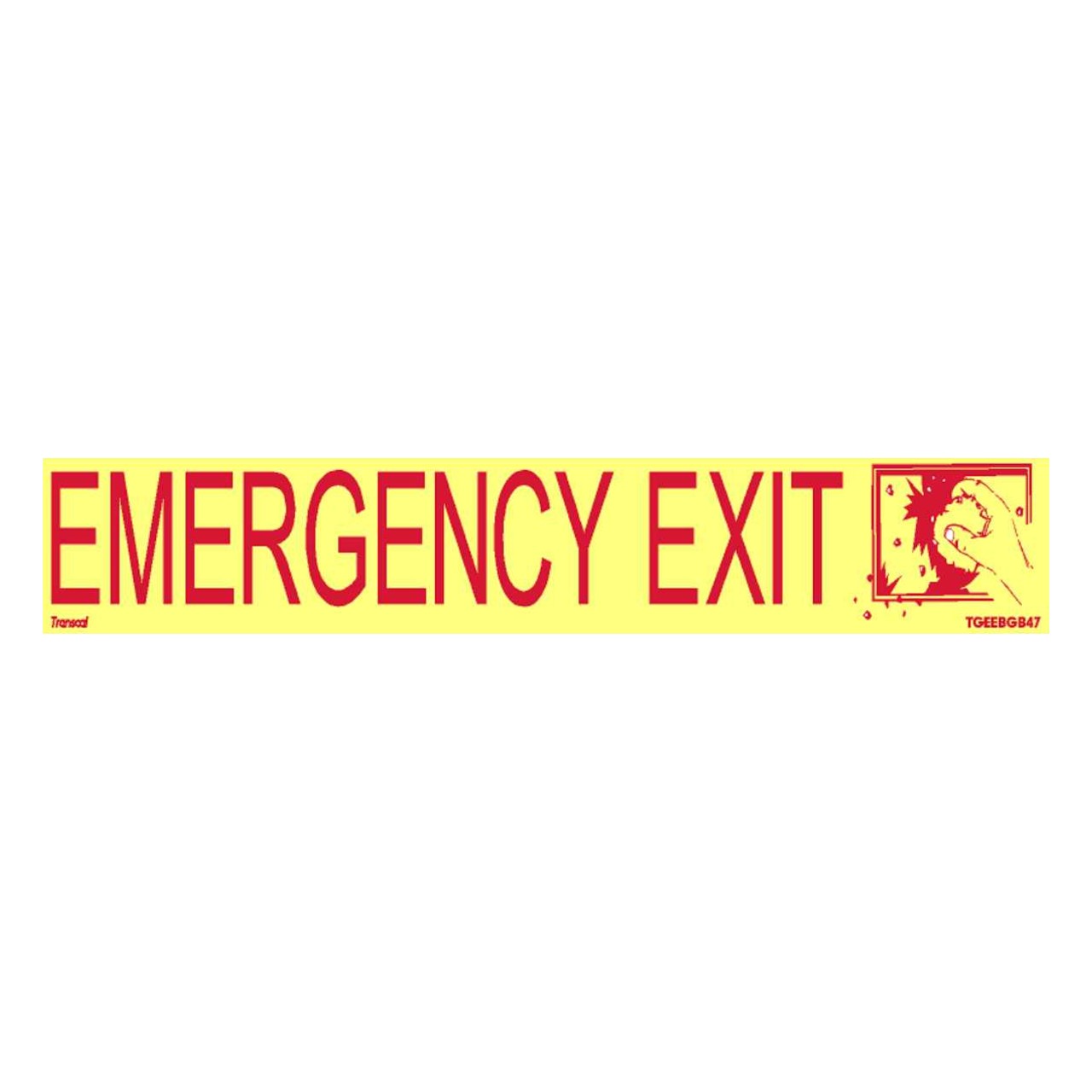 Emergency Exit sticker with break glass symbol 400mm x 70mm, red on glow in the dark vinyl