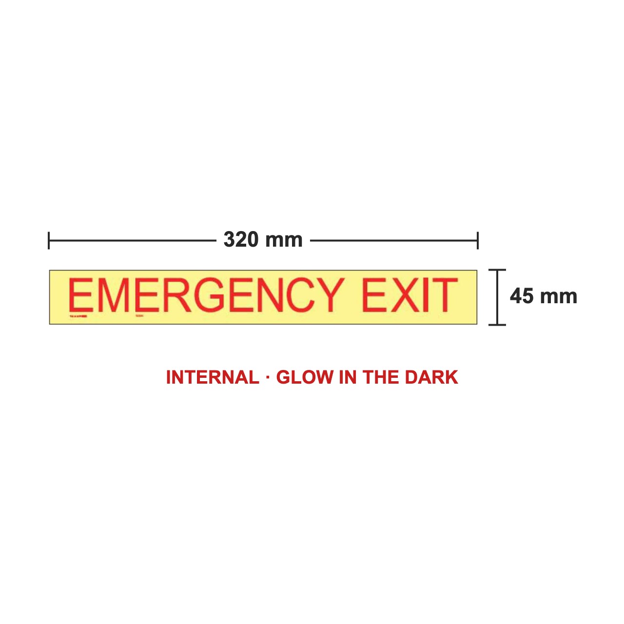 Size diagram: Emergency Exit sticker 320mm x 45mm measures 320mm wide x 45mm high